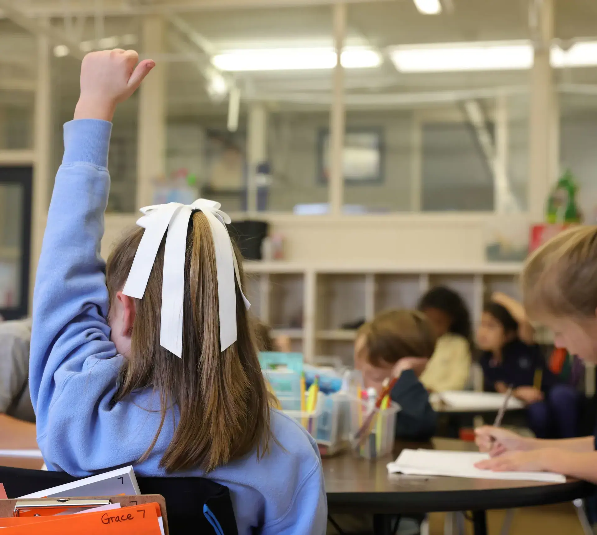 Student raising hand during class