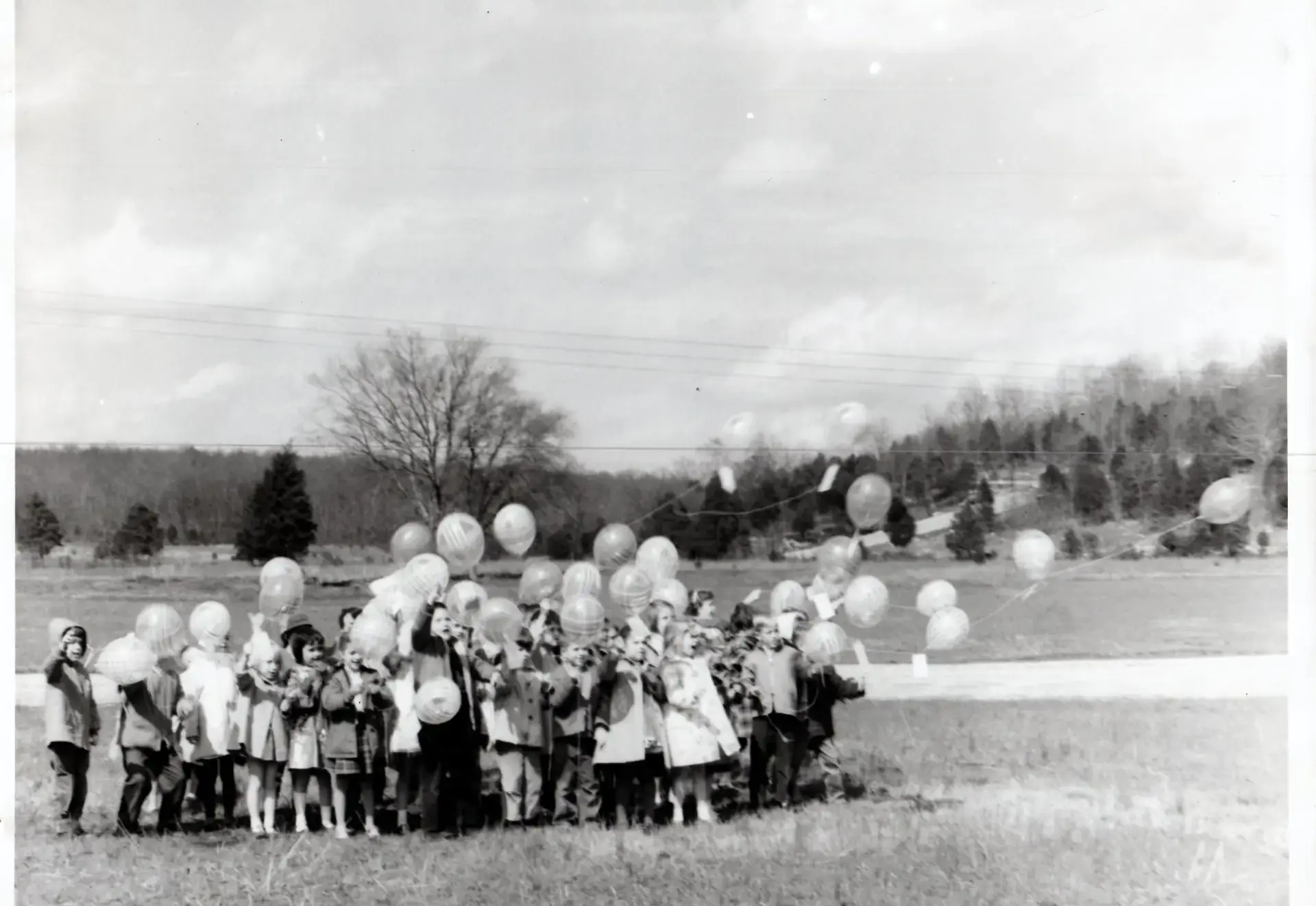 Children releasing balloons in a field during an outdoor school event.