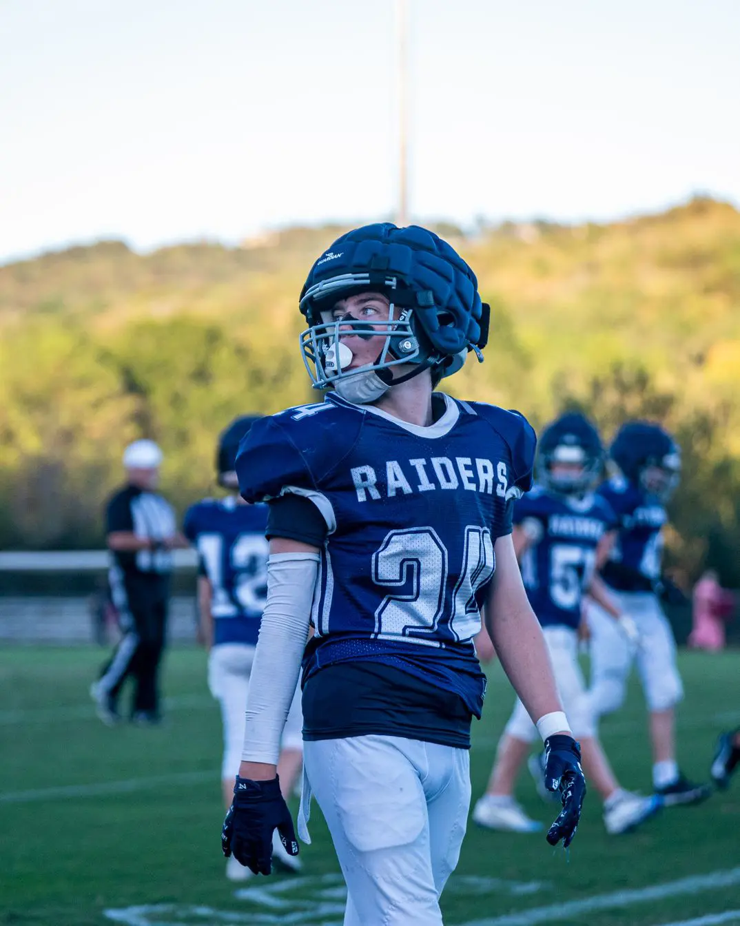 Middle School Randolph Raiders football player looking confident. 