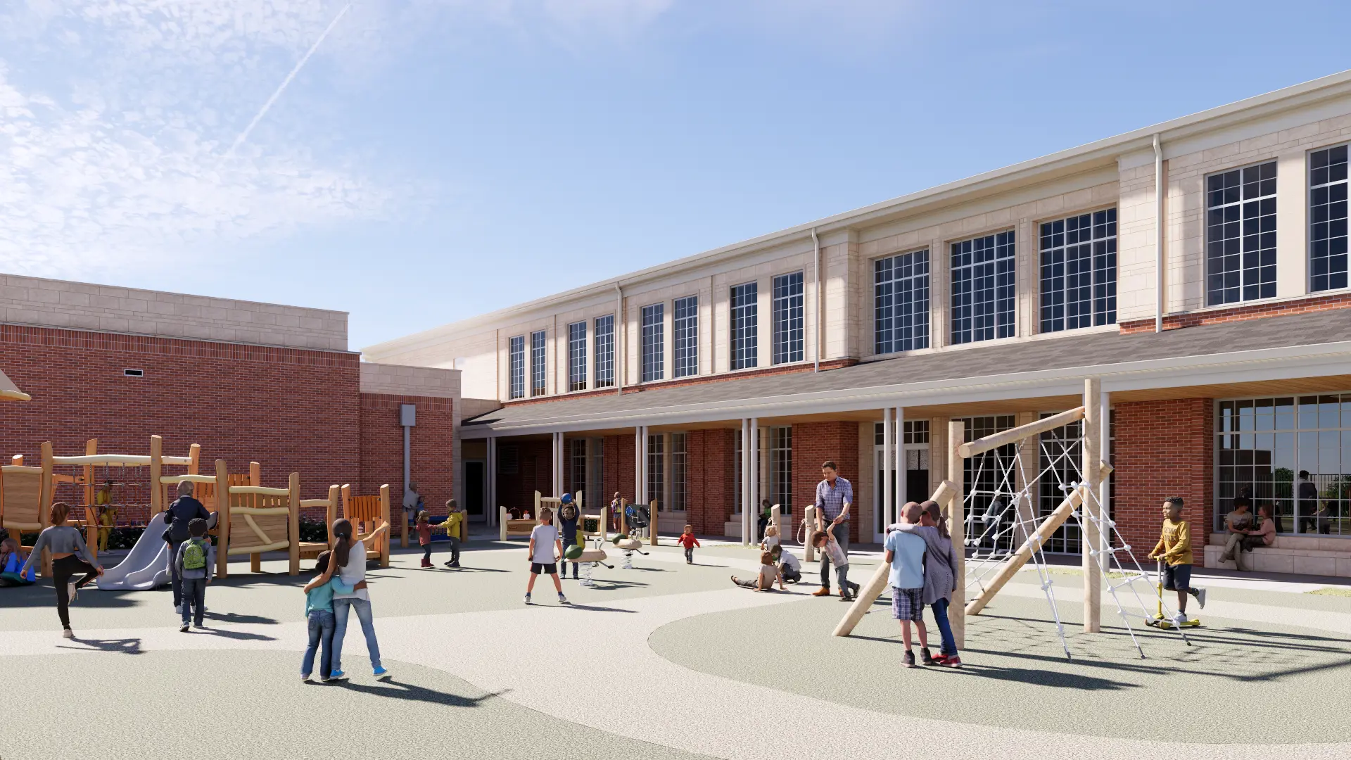 Age-appropriate outdoor play spaces designed for Pre-K and Kindergarten students at Randolph's new Lower School.