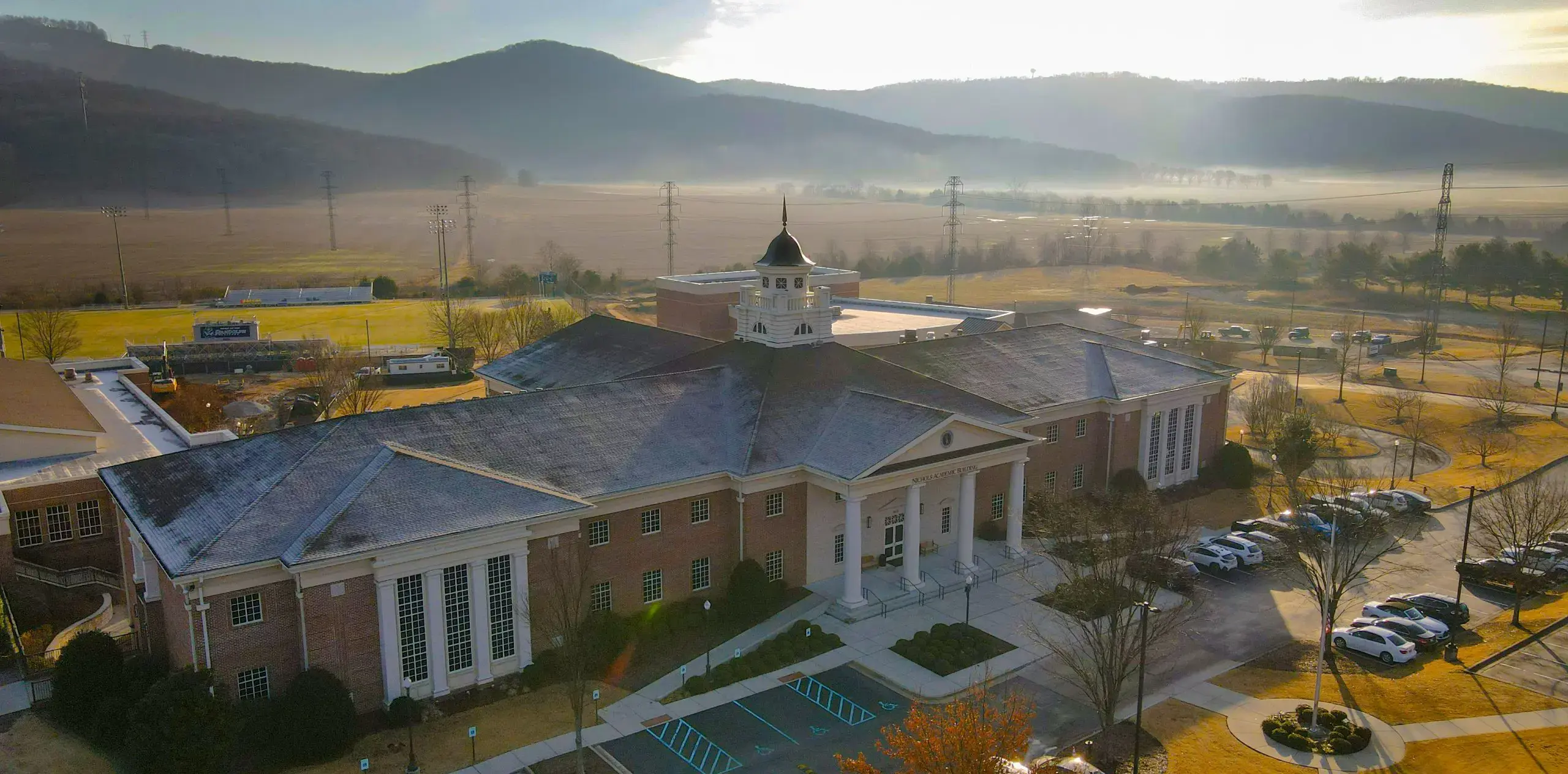 Aerial view of Randolph School at sunset