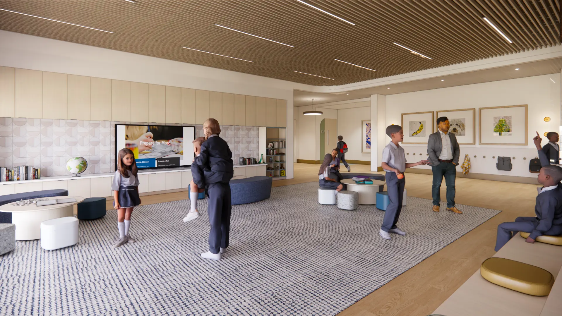 Community gathering areas, referred to as neighborhoods, inside the new Lower School on Garth Campus for Randolph School