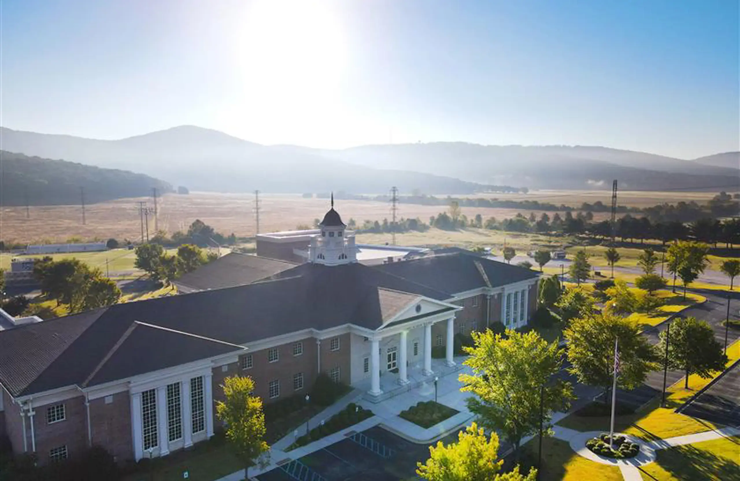 Drone image of Randolph School in Huntsville, Alabama on a sunny day 